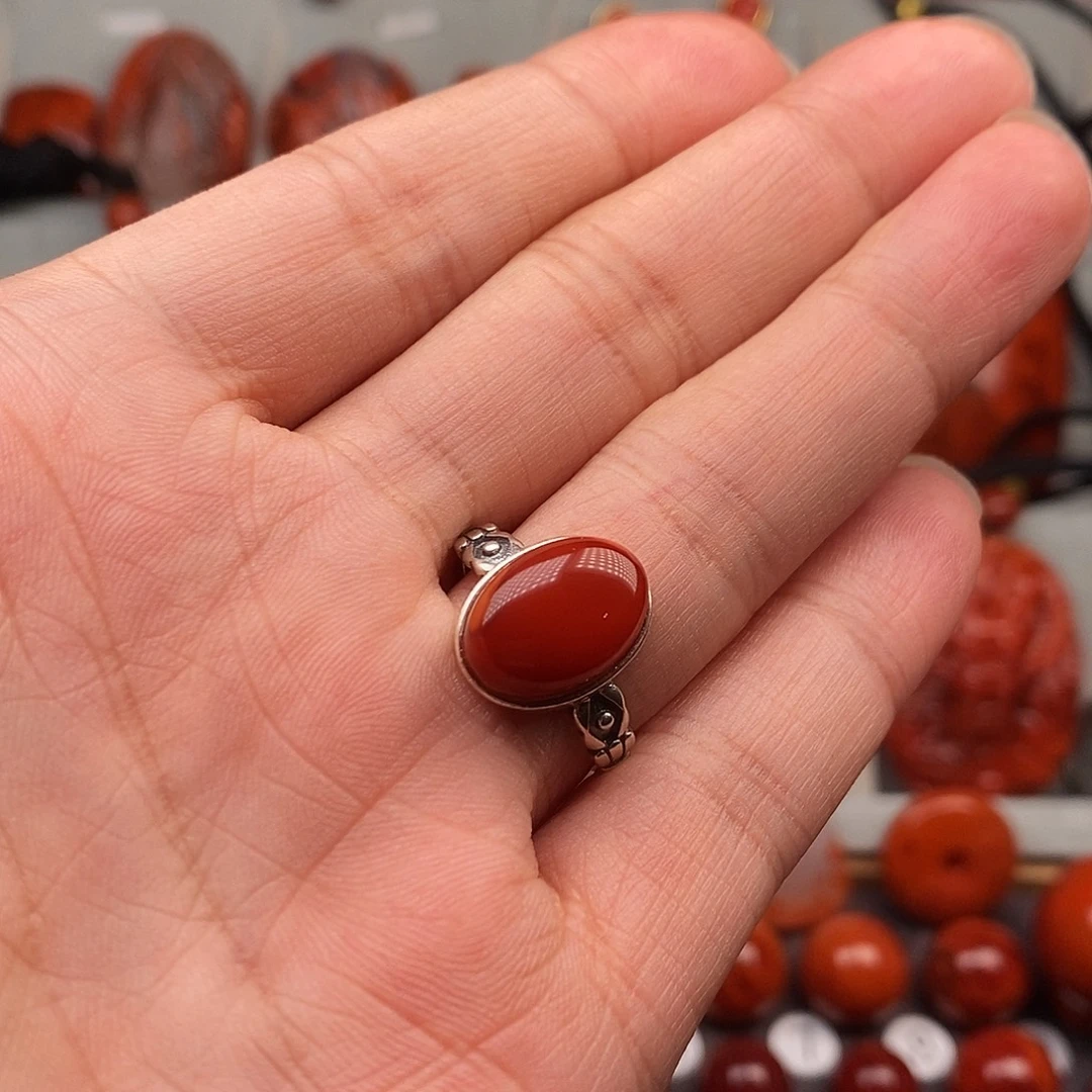 南红玛瑙银S925镶嵌戒指