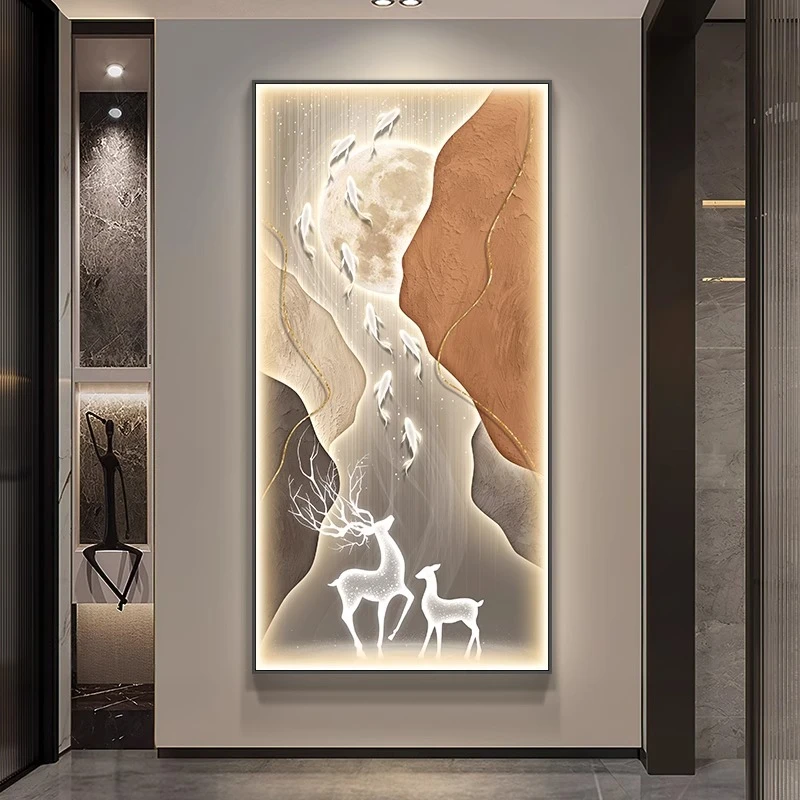 九鱼福鹿玄关装饰画竖版现代轻奢大气走廊过道挂画高档抽象壁画灯