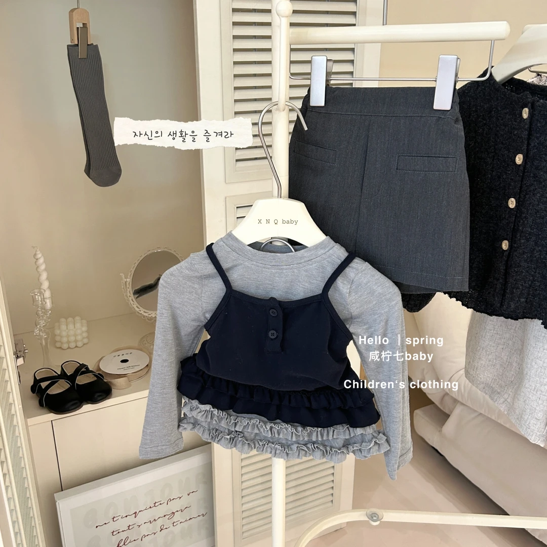 咸柠七女童洋气长袖T恤叠穿吊带背心2025春季新款小女孩韩系穿搭