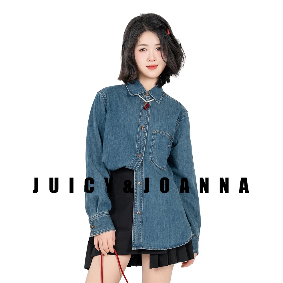 JUICY&JOANNA/橘子樱桃涂鸦刺绣牛仔衬衣