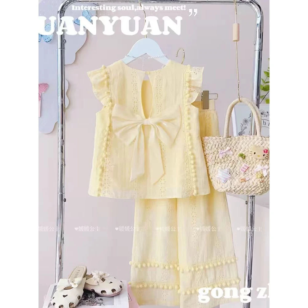 女童网红棉布洋气短袖套装2025新款冰感飞袖娃娃休闲裤子两件套潮