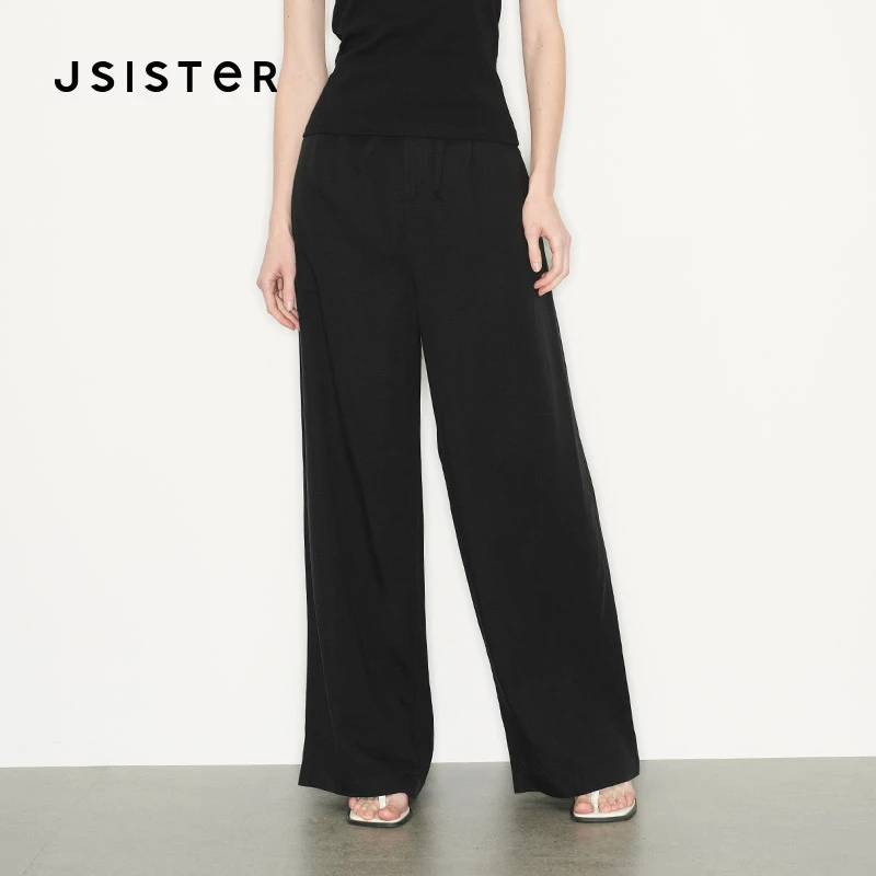 jsister 夏季新款 JS女装时尚黑色直筒宽松设计感休闲裤长裤