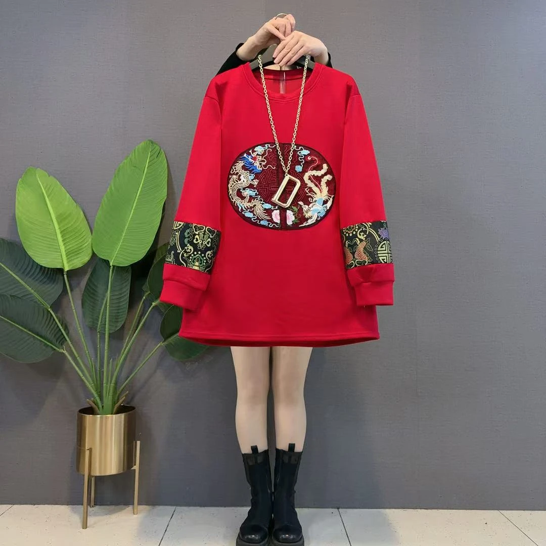 欧货新款新中式重工刺绣国潮纯棉圆领卫衣裙宽松T恤中长款上衣女