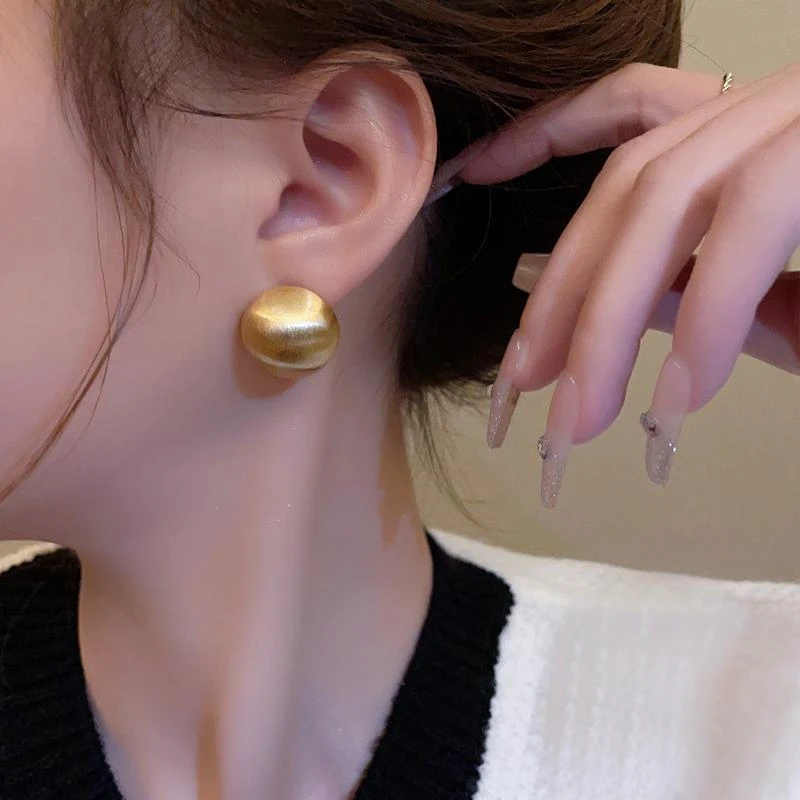 铜合金耳饰 复古金银色拉丝磨砂质感圆球耳钉新款小众设计感耳饰
