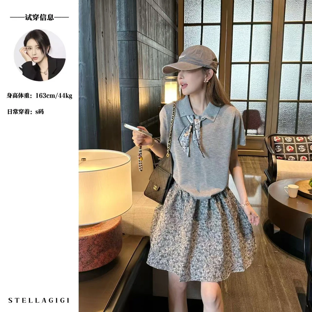 SG / 杨依姗 SS设计感翻领丝带百搭冰丝针织短袖上衣T-20251116