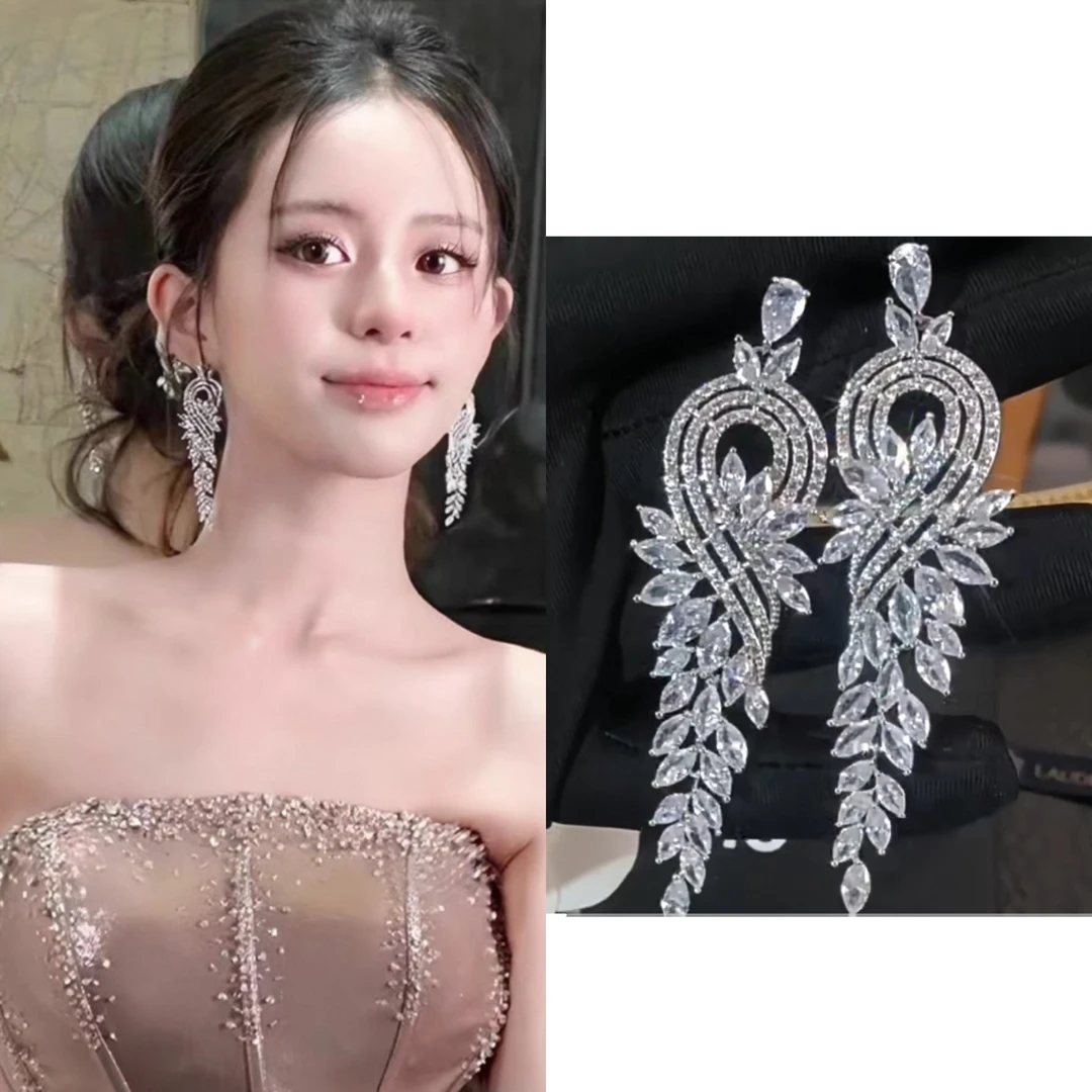 铜合金耳饰 2740-0137新款超闪锆石重工夸张轻奢新娘主纱礼服耳饰