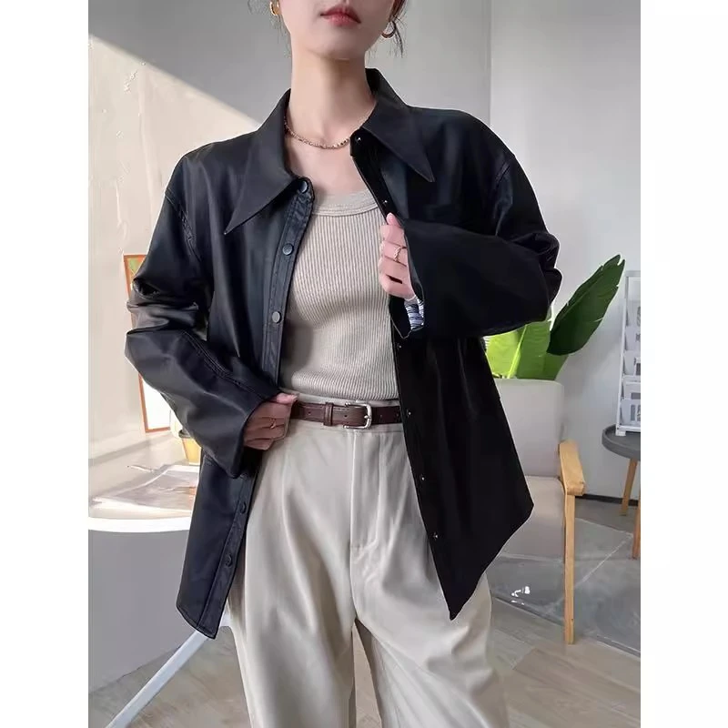 黑色Polo领外套女新款春季2025时尚拼接pu皮宽松高级感夹克上衣潮