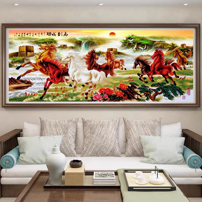 纯手工十字绣成品马到成功客厅高级八骏图风景山水画180×80厘米