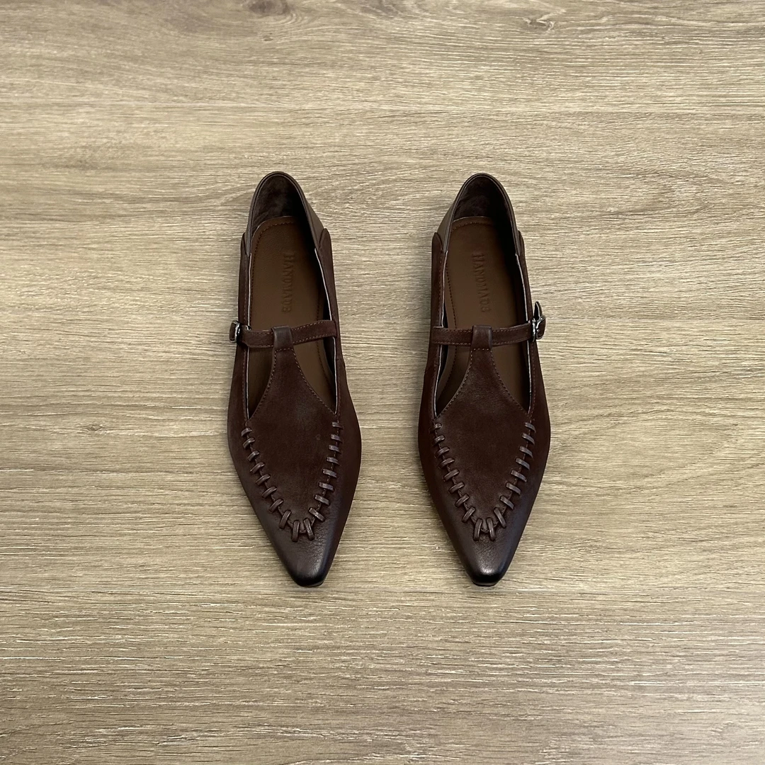 Dannyfrey法式复古编织T字带单鞋显瘦尖头低跟浅口玛丽珍1.5cm女