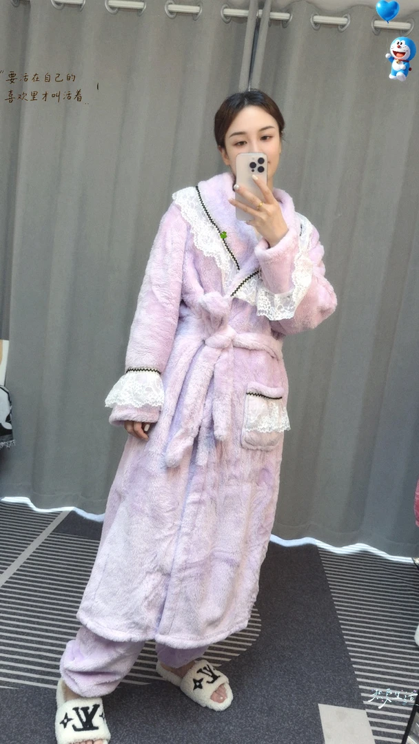 长袖秋冬女甜美家居服睡袍冬季厚款套装加厚紫色蕾丝花边纯色睡衣