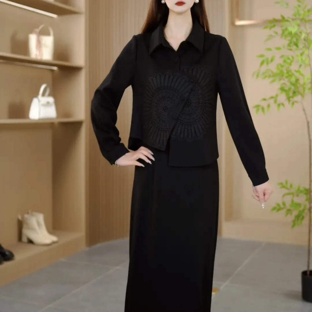 2025连衣裙显瘦气质黑色复古春季法式拼接显瘦气质长袖黑色春夏