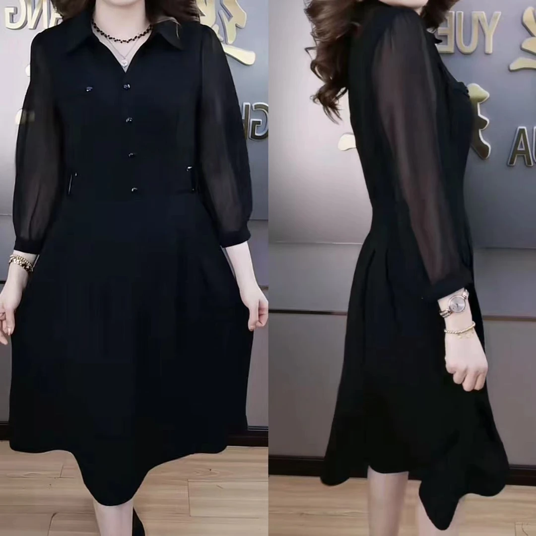 TING 秋新款气质时尚优雅衬衫领修身显瘦大码中长款连衣裙女高档