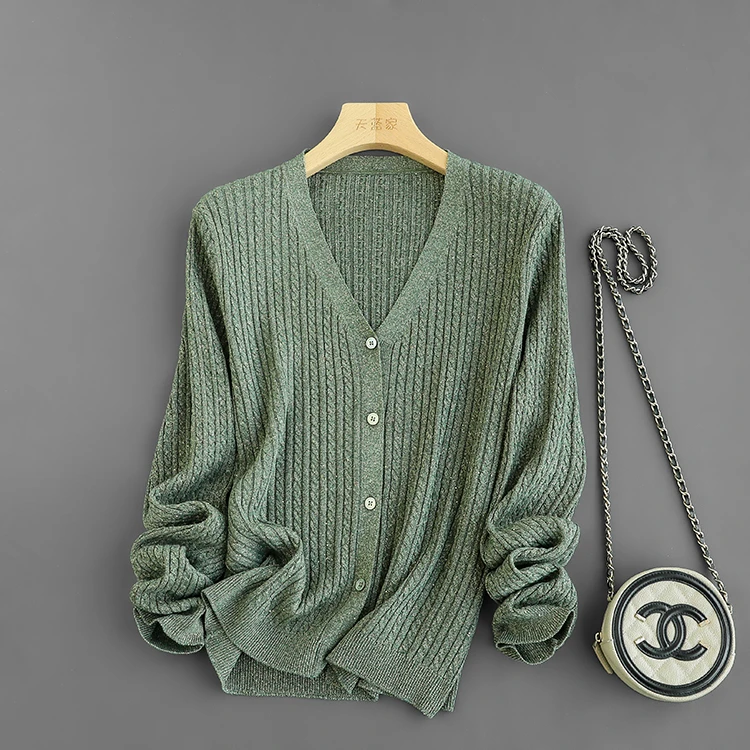 星光针织！掺亮丝 显瘦竖坑条V领针织开衫毛衣女春新款