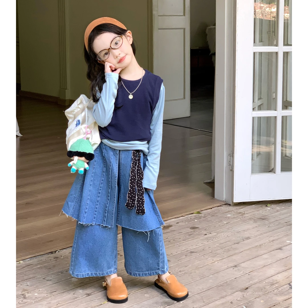 女童套装2025秋季背心打底衫牛仔裙裤三件套儿童早秋洋气时髦秋装