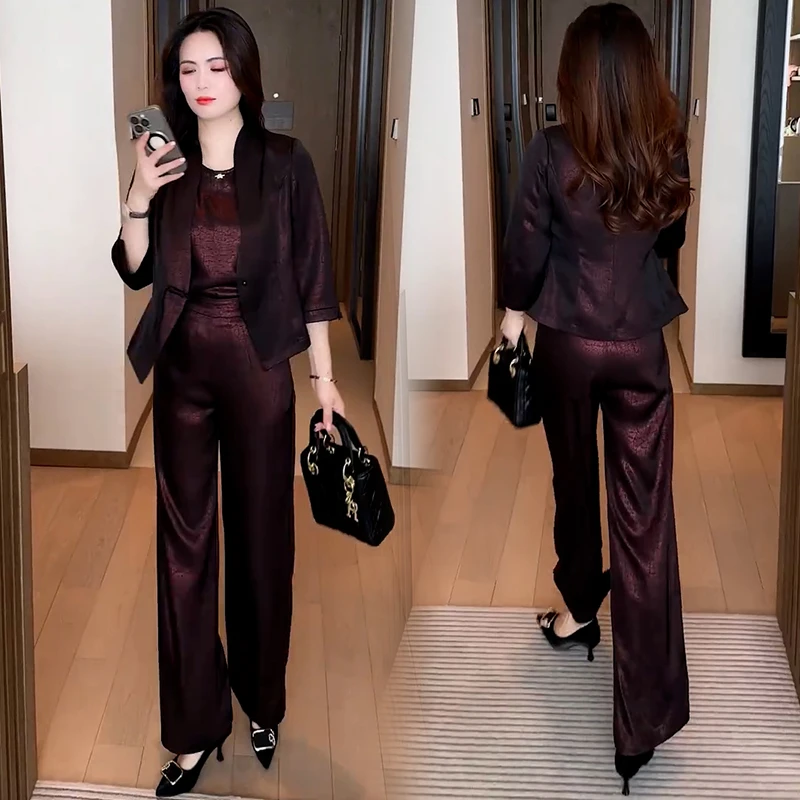 时尚套装女2025夏季新款洋气质显瘦盘扣短外套吊带阔腿裤三件套