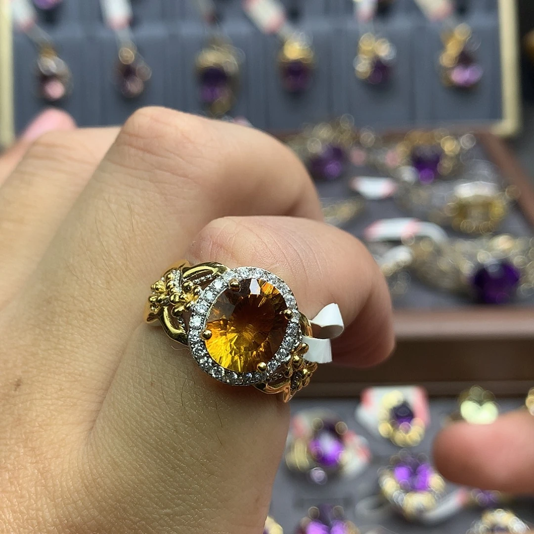 戒指银S925镀金镶嵌水晶