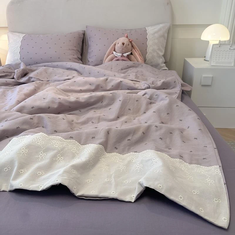 水星家纺适用A类母婴级水洗棉床上用品四件套纯棉全棉花边