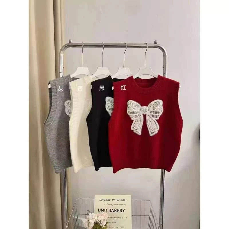 甜美风蝴蝶结提花针织马甲2025早秋小个子叠穿休闲软糯上衣针织衫