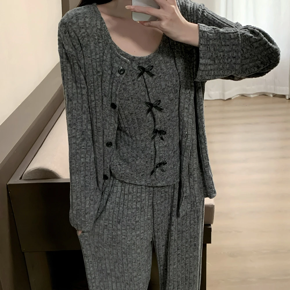 秋冬新款蝴蝶结薄绒长袖背心三件套带杯垫保暖睡衣舒适女套装2695
