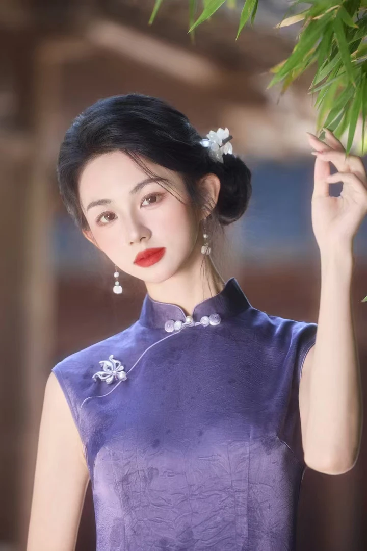 提花夏季日常新中式气质高考长款低开衩旗袍网红高开衩复古紫色