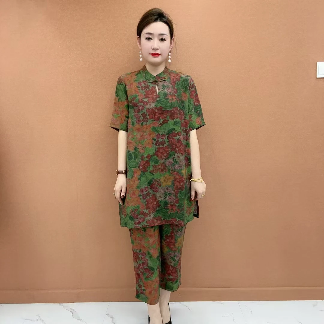中老年妈妈装复古民族风时尚两件套宽松九分裤套装