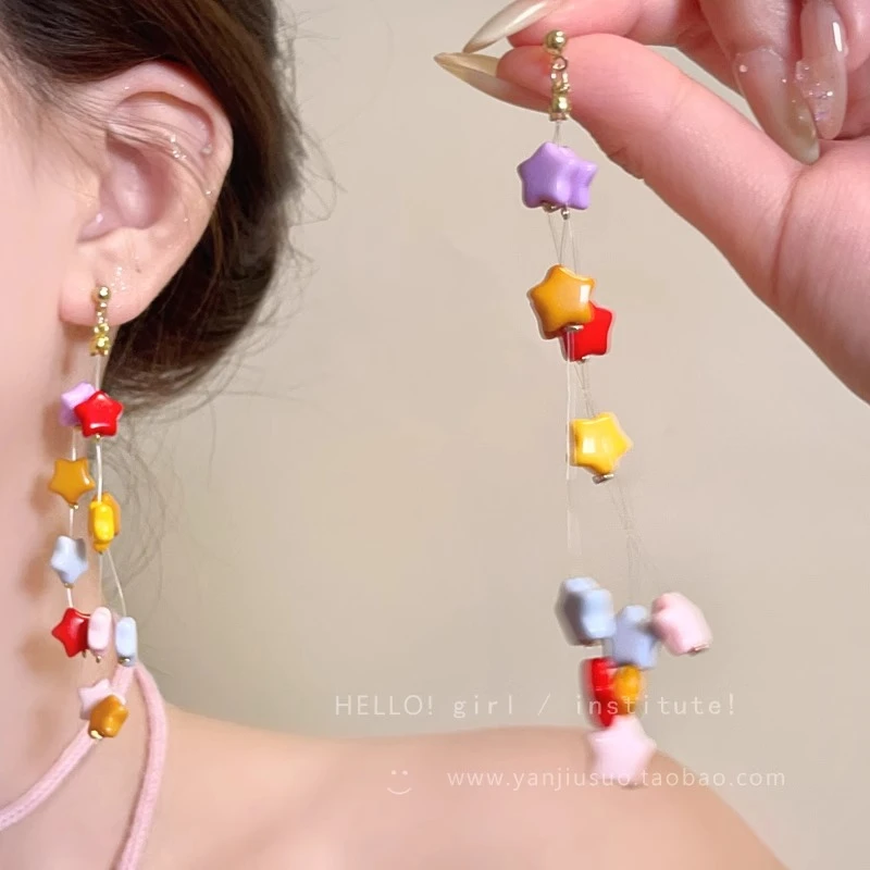 铜合金锆石耳饰 星星长款流苏耳环小众风高级氛围感耳环轻奢可爱