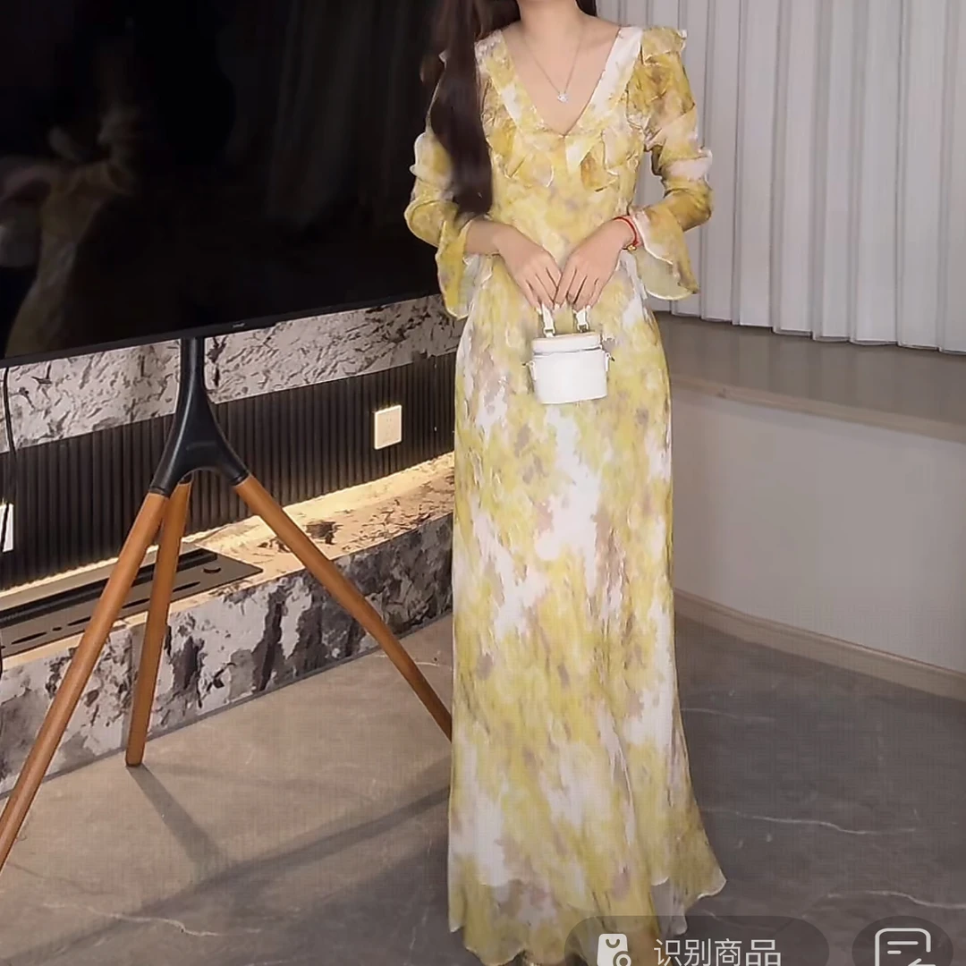 【ESME】新款V领长袖落叶黄丝质网红夏季收腰显瘦长款连衣裙