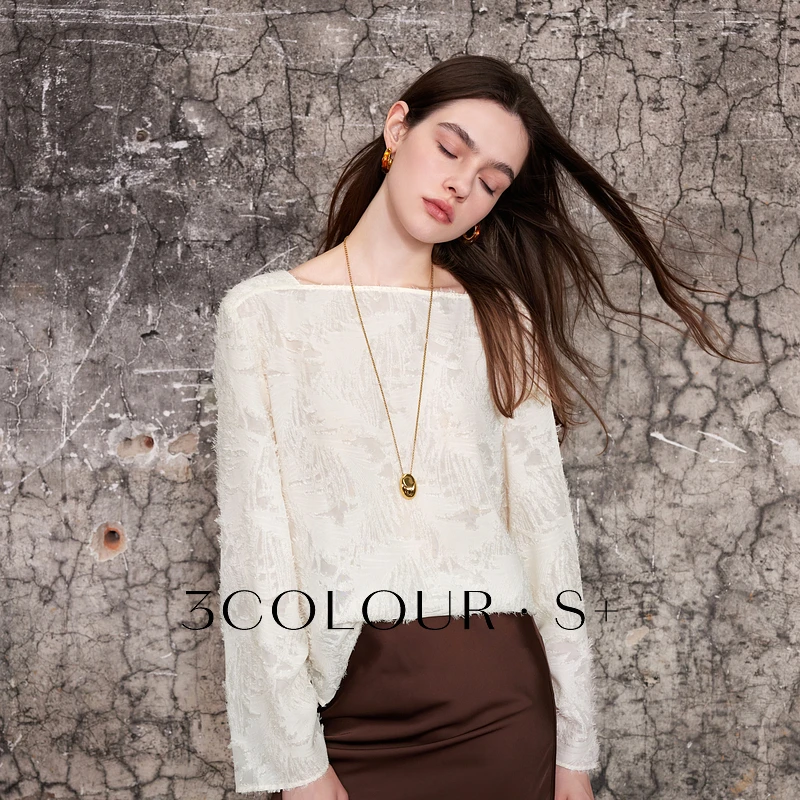 三彩2025春季新款重工羽毛小衫剪花流苏一字领衬衣上衣宽松优雅S