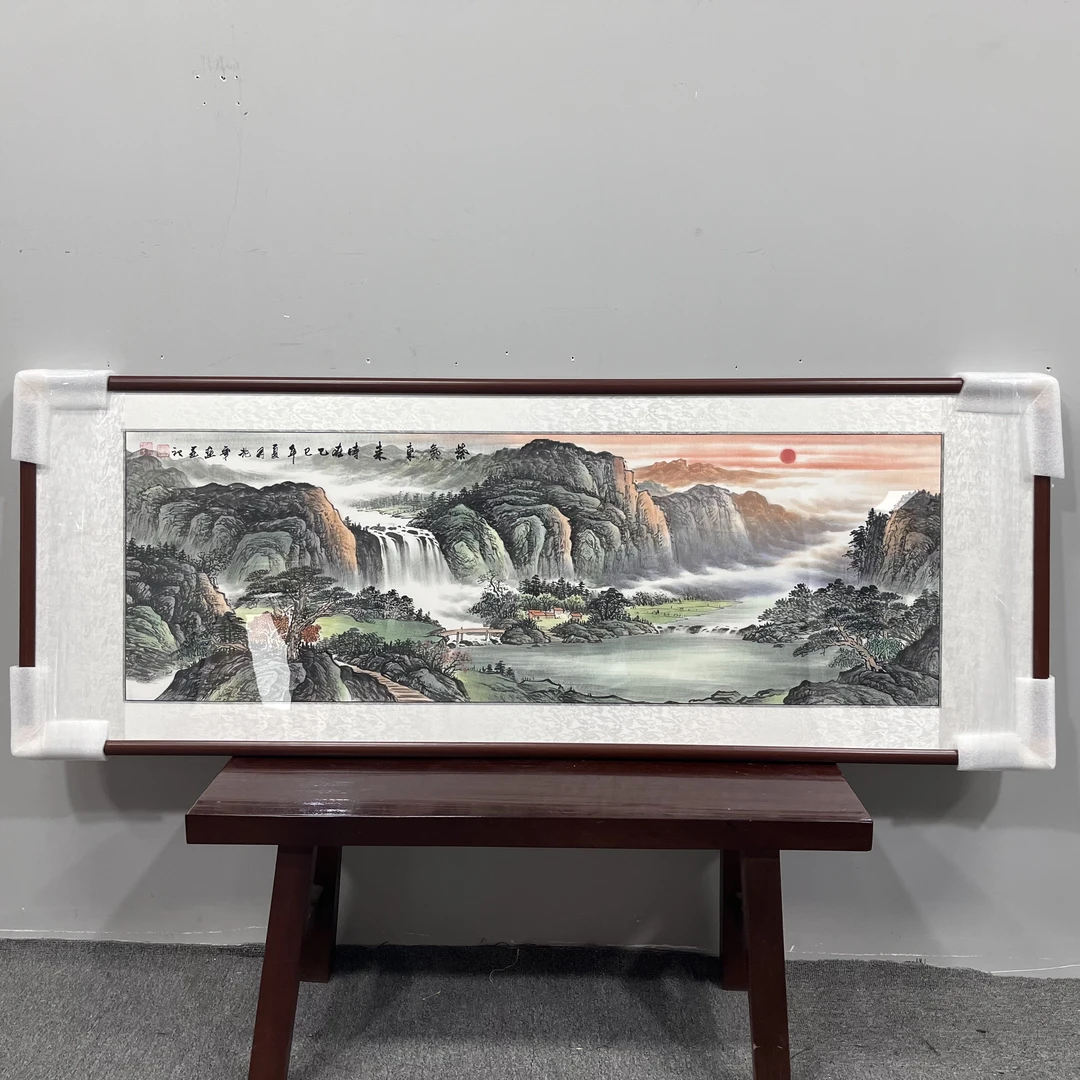 纯手绘168*62紫气东来山水画客厅沙背景墙挂画办公茶室书房国画