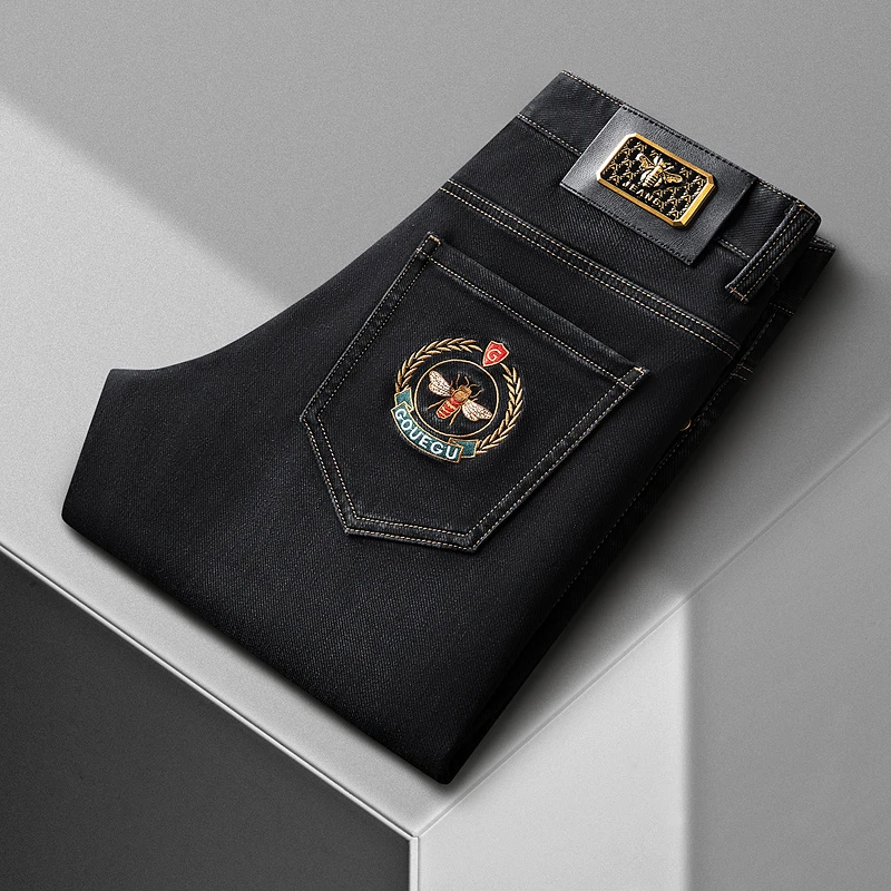 加厚牛仔裤男冬季新款高端刺绣蜜蜂直筒弹力长裤轻奢欧货品质裤子