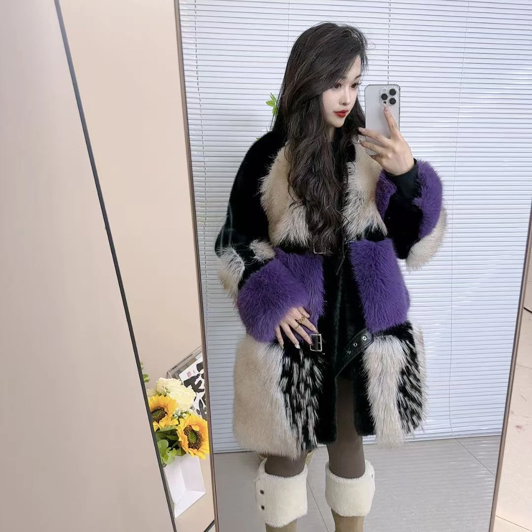 2025时尚百搭中长款紫色冬季保暖毛毛外套