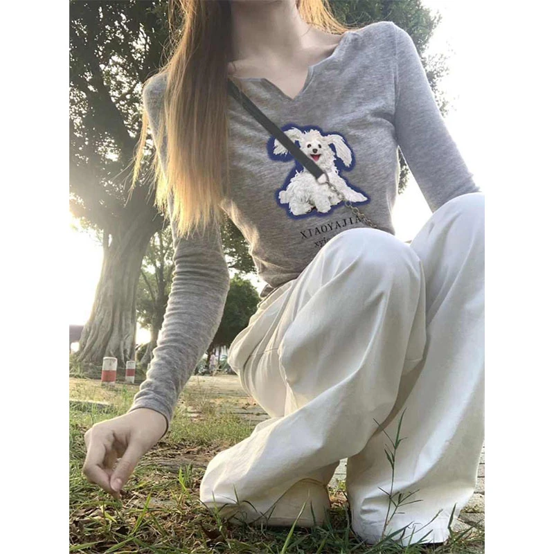 美式高街正肩v领长袖T恤女春秋季纯欲bm辣妹收腰修身显瘦打底上衣