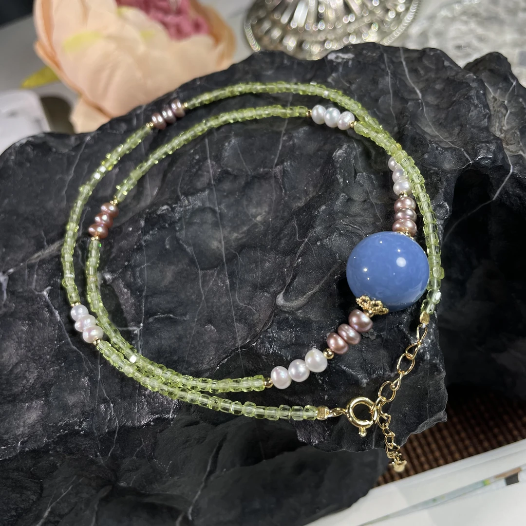 橄榄石珍珠蓝欧泊项链-5019