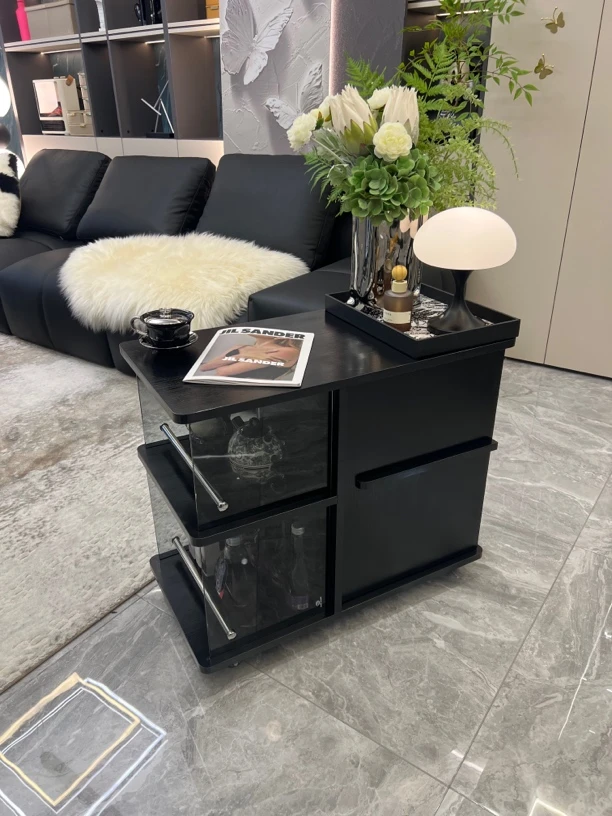 黑色茶水柜/实木边柜小推车边几储物柜阳台边柜多功能茶桌