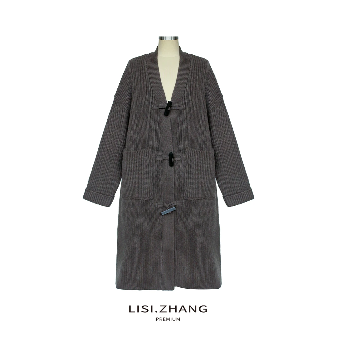 LISI.ZHANG--【长款针织开衫】积木扣时尚慵懒长款羊毛针织衫