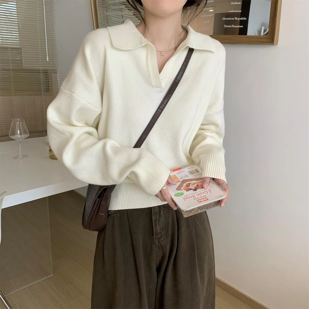 知性风休闲显瘦宽松翻领长袖针织毛衣女秋季百搭减龄打底上衣女款