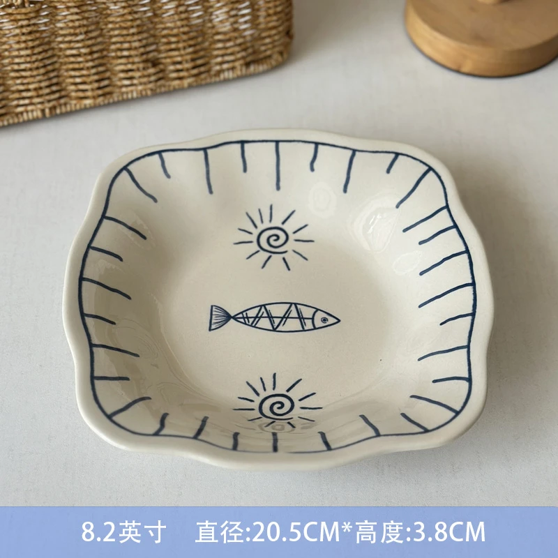 微瑕方形小鱼太阳盘蓝色条纹手绘菜盘日式釉下彩