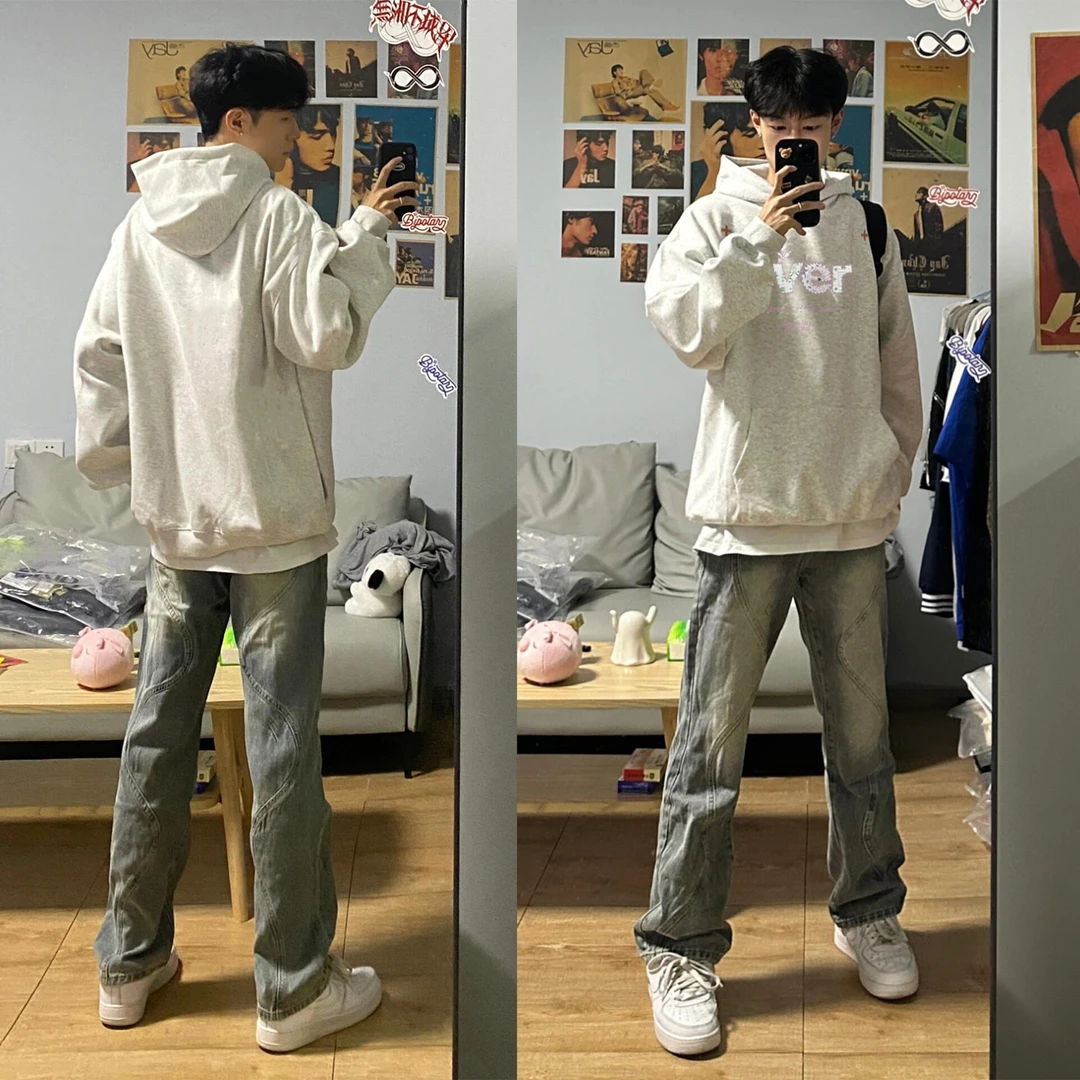 白灰色连帽卫衣男女秋冬花花字母印花潮牌休闲情侣百搭宽松上衣潮