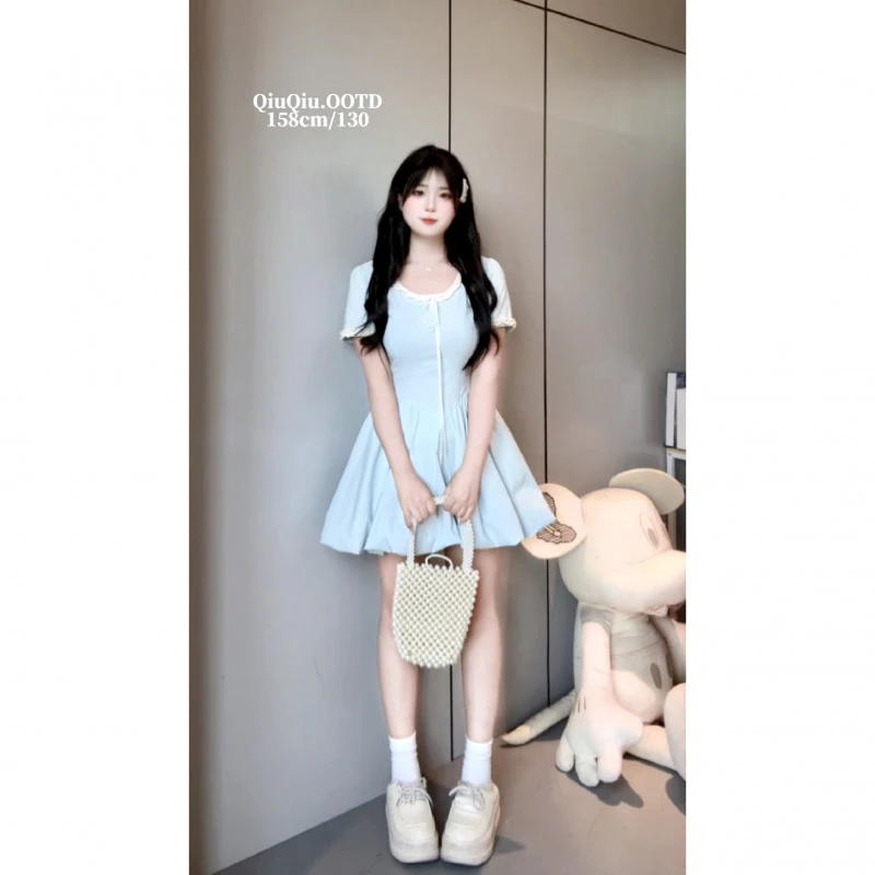 【甜莓曲奇】9587 胖mm遮肚显瘦夏季连衣裙纯色甜美短裙法式花苞裙