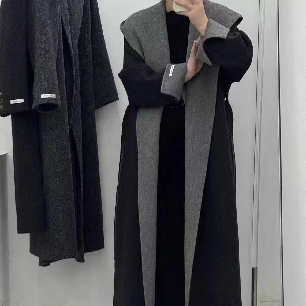 长款秋冬翻领连帽厚拼接全毛毛呢外套时尚针织百搭大衣气质双面