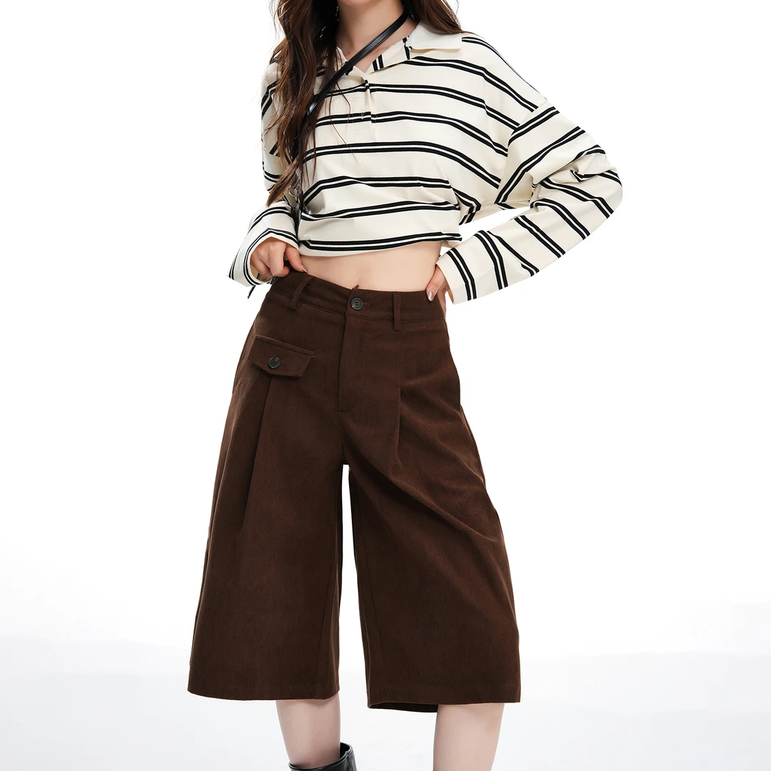 美式灯芯绒七分裤高腰日式设计感休闲裤女显气质咖色过膝短款中裤