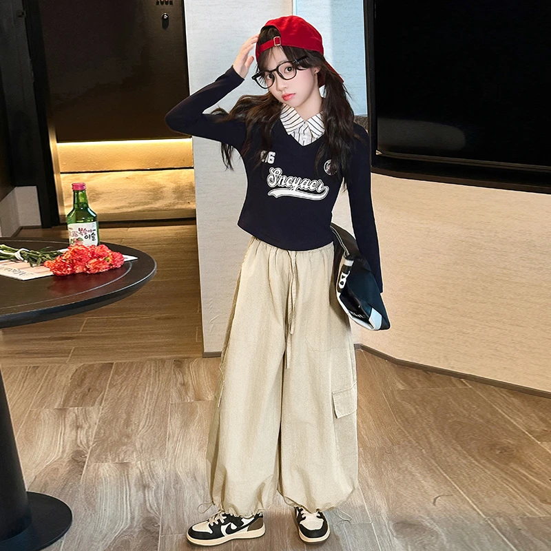 女童套装2025秋季新款大童女孩时髦假两件卫衣裙子休闲裤春秋潮搭