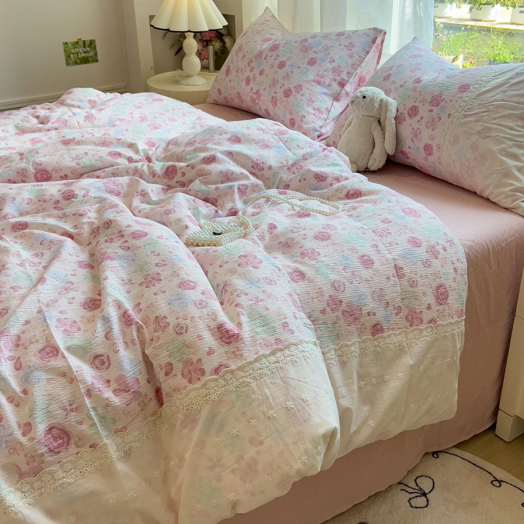 法式花边皱皱纱四件套床上用品夏季被套床单三件套家用双人被罩