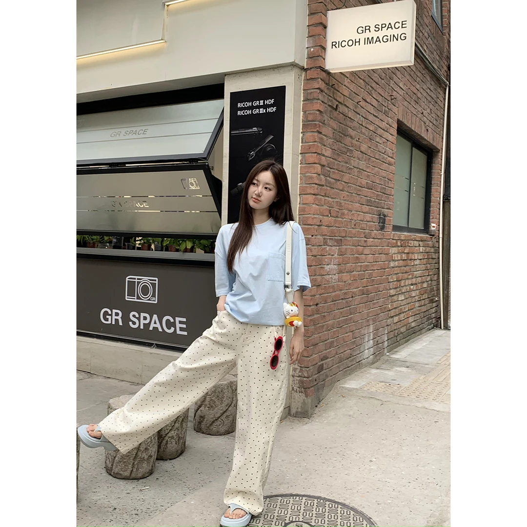FORNI x YOYO 韩妹天菜 纯棉抽绳波点直筒裤显瘦气质时尚休闲女士