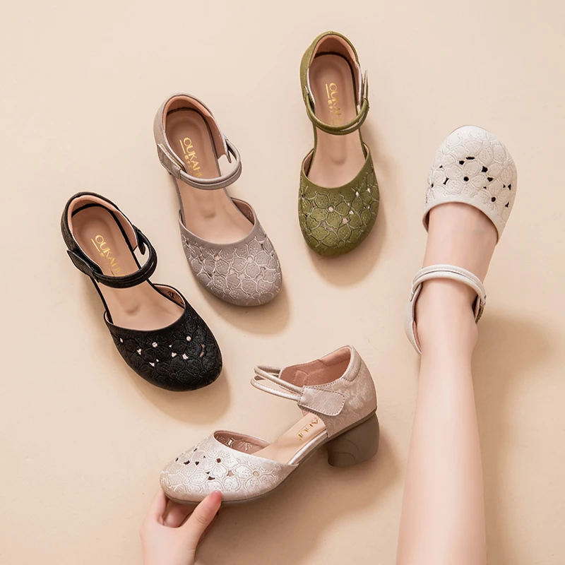 欧卡汇6891夏季镂空粗跟洞洞鞋软底民族风时尚软底透气真皮女鞋