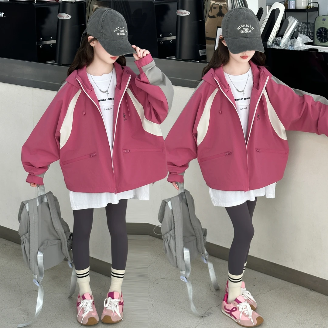 女童冲锋衣外套2025新款童装韩版夹克中大童风衣女孩休闲洋气连帽