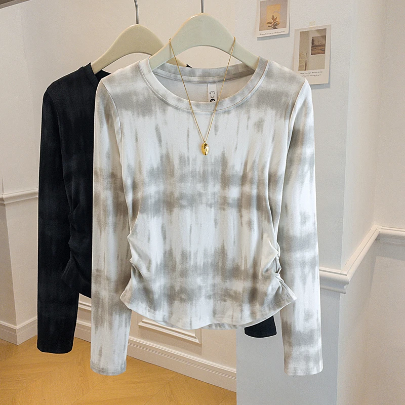 新款微胖mm大码女装扎染收腰t恤显瘦修身百搭长袖内搭上衣打底衫