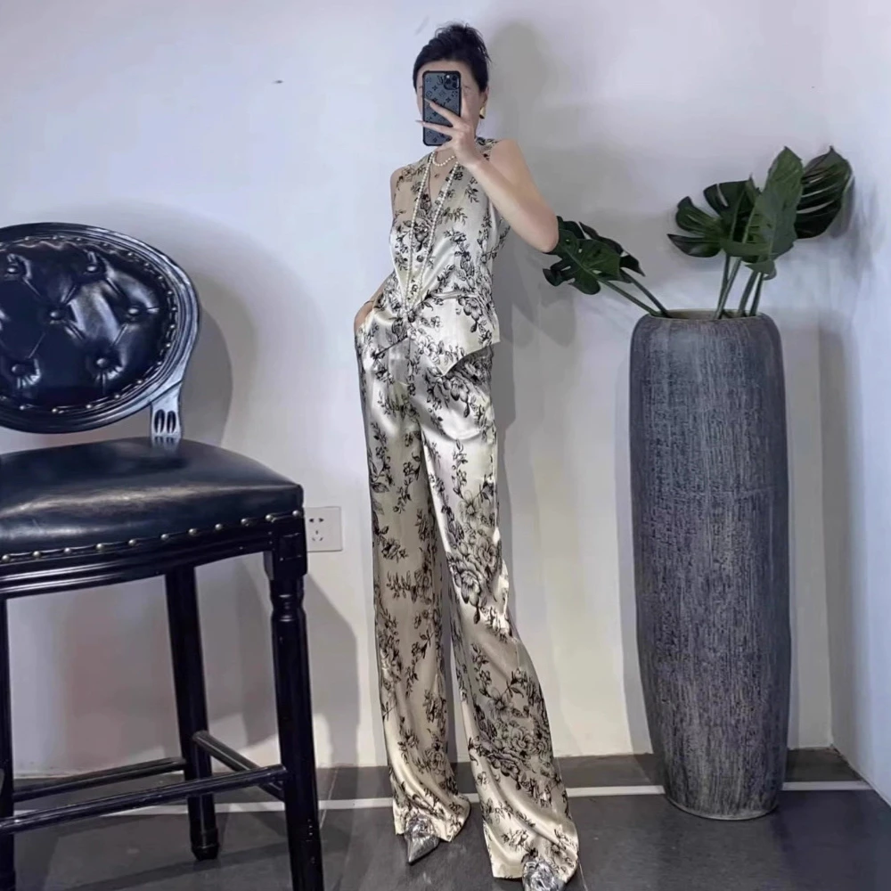 欧货2025夏季新款气质印花马甲套装女垂感阔腿裤两件套职业高级感