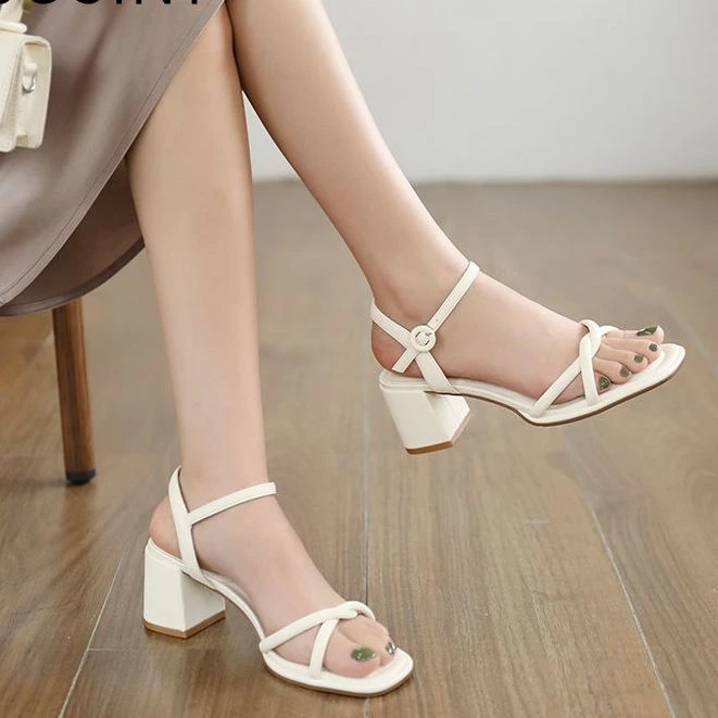 卓家粗跟凉鞋女露趾一字带高跟鞋夏季新款女鞋百搭时装鞋46102