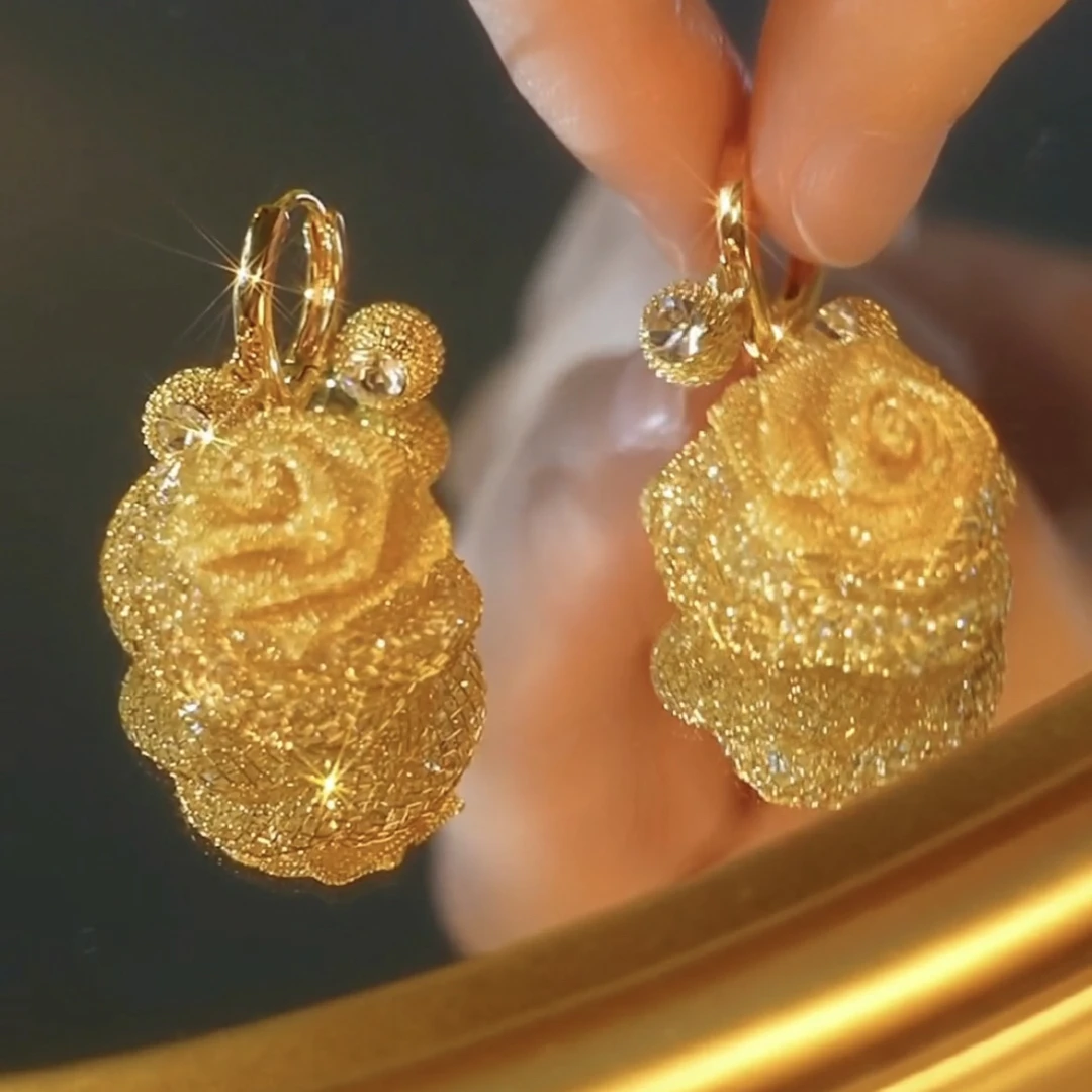 铜合金合成锆石耳饰 【花开富贵】手工编织玫瑰花流苏耳扣爆款耳环